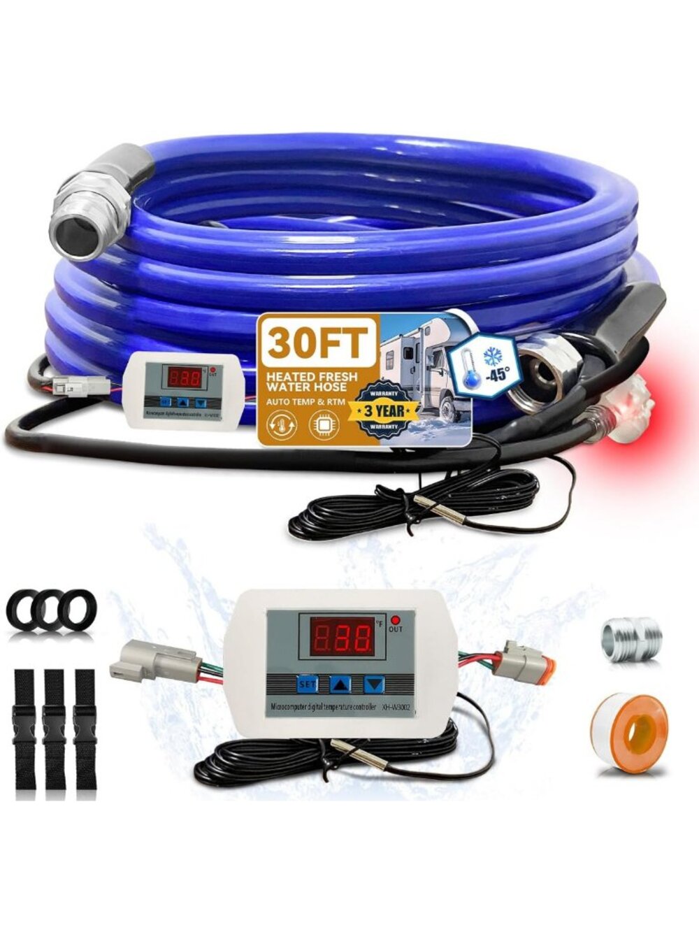 30FT Heated RV Water Hose -45°F Freeze Protection, Smart Thermostat, Durable